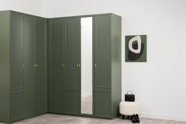 Шкаф для одежды Марион 16.340.03 дымчатый зеленый K521, олива шагрень AG 1050 ПВХ (собирается на любую сторону)