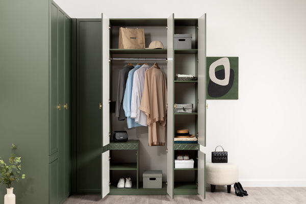 Шкаф для одежды Марион 16.340.03 дымчатый зеленый K521, олива шагрень AG 1050 ПВХ (собирается на любую сторону)