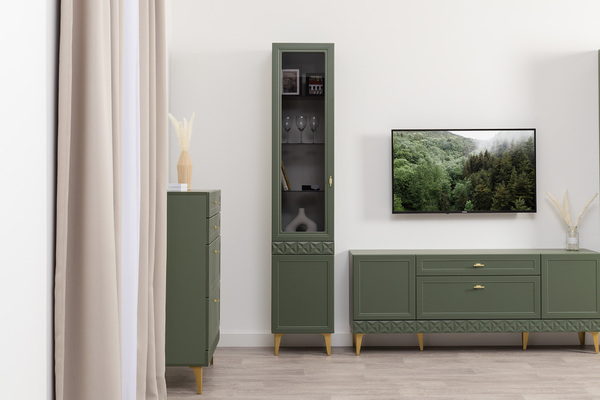 Шкаф-витрина Марион 16.397.01 дымчатый зеленый K521, олива шагрень AG 1050 ПВХ (собирается на любую сторону)