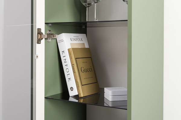 Шкаф-витрина Марион 16.397.01 дымчатый зеленый K521, олива шагрень AG 1050 ПВХ (собирается на любую сторону)