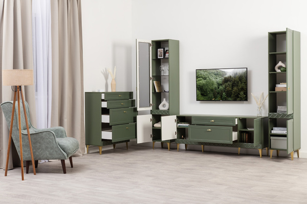 Шкаф-витрина Марион 16.397.01 дымчатый зеленый K521, олива шагрень AG 1050 ПВХ (собирается на любую сторону)