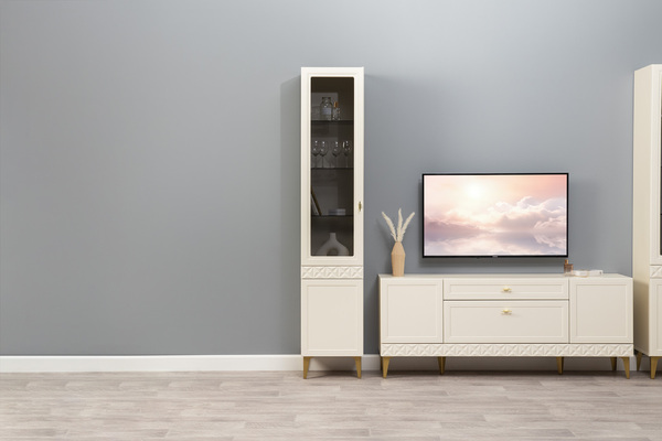 Шкаф-витрина Марион 16.397.01 слоновая кость С341 PE, слоновая кость 6898 ПВХ (собирается на любую сторону)