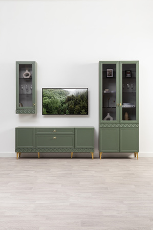 Гостиная Марион композиция 2 дымчатый зеленый K521, олива шагрень AG 1050 ПВХ, белый PE шагрень (собирается на любую сторону)